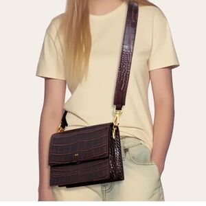 JW PEI Brown Croc-Embossed Crossbody Bag with Gold Hardware